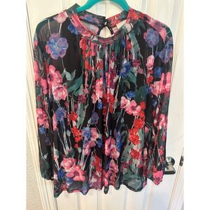 Cupio Blush Blouse Black Floral Mesh Mock Neck Keyhole Back Long Sleeve Top 2X